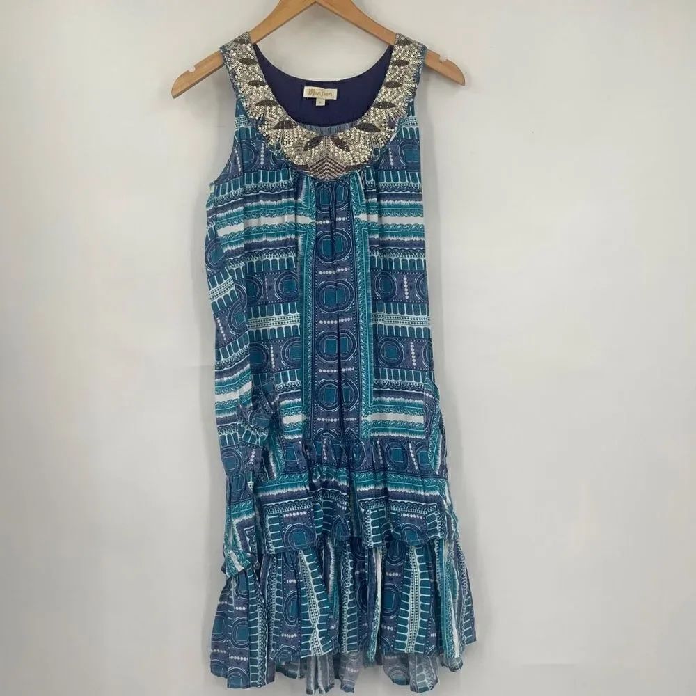 Monsoon Womens Blue Sleeveless Geometric Ruffled Dress Embellished Sequins Small